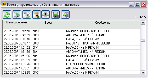 Реестр протоколов работы масляных весов